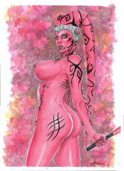 1girls alien ass big_ass big_breasts breasts darth_talon female inkbirdartstudio lightsaber nipples red_skin solo star_wars tagme_(artist) traditional_media_(artwork)