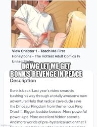 1boy 1girls advertisement annoying blonde_female blonde_hair bonk_(series) cock dick honeytoon impact_(font) jerkingoff king_drool_iii meme naked_female penis random_character random_guy retro_game sus suspicious sussy turbografx_16 wtf