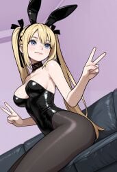 1girl ai_generated animal_ears bangs bare_shoulders black_leotard black_pantyhose black_ribbon blonde_hair blue_eyes breasts brokewyt cheating choker closed_mouth couch cuckold dead_or_alive double_v fake_animal_ears hair_ornament hair_ribbon leotard lips long_hair marie_rose medium_breasts pantyhose playboy_bunny rabbit_ears ribbon sitting smile solo strapless strapless_leotard twintails uncensored v x_hair_ornament