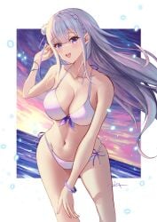 1girls arerex belly cleavage elf elf_ears elf_female emilia_(re:zero) large_breasts purple_eyes re:zero_kara_hajimeru_isekai_seikatsu silver_hair solo standing swimsuit thighs