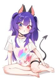 1girl animal_ears black_choker blush choker commentary_request demon_tail full_body hair_ornament hairclip heterochromia highres korean_commentary long_hair original purple_eyes purple_hair pussy red_eyes see-through_clothes see-through_shirt shirt short_sleeves simple_background sitting solo tail white_background white_shirt whonyang