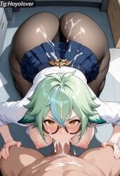 1boy 1girls adult adult_female ai_generated big_ass big_breasts big_penis blowjob blowjob_face blowjob_only cum_in_mouth deepthroat eye_contact female genshin_impact office office_clothing sucrose_(genshin_impact)