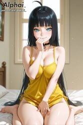 1girl 2025 2026 4k absurd_res absurdres ahoge ai ai-created ai-generated ai_art ai_assisted ai_generated alphai anime aqua_eyes bare_arms bare_shoulders barefoot bed bed_sheet black_choker black_hair blue_eyes blunt_bangs blushing boruto:_naruto_next_generations bottomless breasts camisole choker cinematic_lighting cleavage close-up closed_mouth collarbone colorful_background covering_pussy depth_of_field detailed_hair detailed_skin detailled_background dramatic_shadows dress eyelashes eyeliner facial_mark female_face female_only high_quality high_resolution highres indoors long_hair looking_at_viewer low_angle naruto naruto(classic) naruto_(series) naruto_shippuden naughty_face no_panties on_bed particles patreon patreon_link patreon_url patreon_username pussy raised_eyebrows seductive_eyes side-tie_panties sitting small_breasts smile solo straight_hair thick_thighs thighs underwear uzumaki_himawari very_long_hair volumetric_lighting wariza watermark whisker_markings yellow_tank_top
