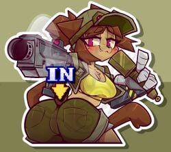 1girls animal_ears ass bbsartboutique big_ass breasts brown_hair cleavage crop_top furry gameoverse glitch_productions hat kit_(gameoverse) kit_bodega large_breasts midriff military military_uniform red_eyes solo tagme tail weapon