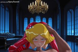 1boy 1girl ai_generated blonde_hair blue_eyes blush bodysuit breasts clover_(totally_spies) cum fellatio half-closed_eyes hand_on_another's_head hetero hi_res high_quality high_resolution indoors oral patreon penis seductive sexy solo_focus spicytoonai totally_spies uncensored veins veiny_penis watermark window