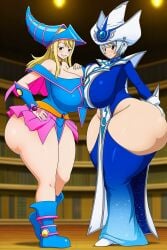 ai_generated ass_bigger_than_head blonde_hair breast_press breast_to_breast breasts_bigger_than_head dark_magician_girl_(cosplay) fairy_tail goldencum34 huge_ass huge_breasts huge_butt looking_at_viewer lucy_heartfilia side_view silent_magician_(cosplay) thick_thighs two_women white_hair wide_hips yu-gi-oh! yu-gi-oh!_duel_monsters yukino_aguria