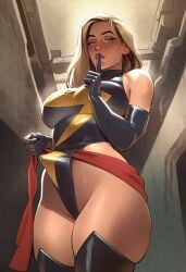 1girl ai_generated bare_shoulders black_gloves black_leotard black_thighhighs blonde_hair blue_eyes blush breasts carol_danvers clothes_lift clothing elbow_gloves female finger_to_mouth gloves highleg highleg_leotard index_finger_raised large_breasts leotard leotard_pull lips long_hair looking_at_viewer makeup marvel marvel_comics phophopho red_lips red_sash sash shushing skindentation solo standing superhero sweat thick_thighs thighhighs thighs wedgie