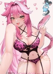 1girl :3 absurdres adammaarr animal_ears animal_print black_bow black_garter_belt blush bow bow_bra bra breasts caturday chattino_(raora_panthera) cleavage collarbone commentary fang fingernails frilled_bra frills garter_belt glint gyaru hair_intakes heart highres hololive hololive_english large_breasts leaning_to_the_side leopard_print leopard_print_bra leopard_print_panties long_hair multicolored_hair nail_polish navel open_mouth panther_ears panther_girl panther_tail panties pink_background pink_bra pink_hair pink_nails pink_panties print_bra print_panties pulling_own_clothes raora_panthera skin_fang smile stomach strap_pull streaked_hair tail thighs twitter_username underwear virtual_youtuber yellow_eyes