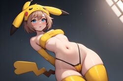ai_generated belly belly_button belt_bra blue_eyes blush blushing brown_hair cosplay cosplay_pikachu dark_background female female_only hands_behind_back hat looking_at_viewer looking_down looking_down_at_viewer pale_skin pikachu pikachu_(cosplay) short_hair skindentation sleeveless small_breasts small_waist tail thick_thighs thong wide_hips yellow_sleeves yellow_thighhighs yellow_thong