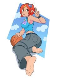 1girls absurdres barefoot basketball_(ball) brown_eyes butterfly_(planetronika) cute_female_feet dyed_hair feet female_focus female_only foot_fetish foot_focus foot_play foot_worship hair_ornament highres indie_animation looking_at_viewer peace_sign planetronika presenting_feet red_hair showing_feet soles soles_fetish solo_female taterdouce toes tomboy tounge_out two-tone_hair white_background winking_at_viewer