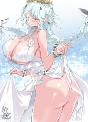 1girl alternate_costume ass bird bird_nest blush braid breasts cleavage clothes_lift colored_eyelashes dress dress_lift goddess_of_victory:_nikke green_hair hair_lift highres huge_ass huge_breasts large_breasts lifting_own_clothes long_hair looking_at_viewer looking_back mole mole_under_mouth nest no_panties official_alternate_costume one_eye_closed purple_eyes smile solo thick_thighs thighs trina_(nikke) twin_braids very_long_hair white_dress
