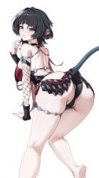 1girls animal_ears armwear backboob big_ass black_hair black_swimsuit breasts ear_piercing earrings female female_only fishnet fishnet_armwear fishnets green_eyes hair huge_ass jane_doe_(nocturne_of_light)_(zenless_zone_zero) jane_doe_(zenless_zone_zero) looking_back nail_polish nails official_alternate_costume rat_ears rat_girl rat_tail solo solo_female swimsuit swimwear thigh_strap thighs white_background zenless_zone_zero zhudouzi