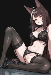 1girl ahoge ai_generated akagi_(azur_lane) animal_ear_fluff animal_ears azur_lane bangs black_background black_bra black_footwear black_panties black_thighhighs blush bra breasts brokewyt brown_eyes brown_hair cheating cleavage clothing_aside covered_nipples cuckold fox_ears garter_belt garter_straps grin high_heels lace-trimmed_bra lace-trimmed_legwear lace_trim large_breasts lingerie long_hair looking_at_viewer navel nipples on_floor panties panties_aside pussy pussy_juice red_eyes see-through sitting smile solo spread_legs sweat thighhighs uncensored underwear underwear_only