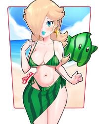 1girls alternate_version_available big_breasts big_lips bikini bikini_bottom bikini_top bimbo bimbo_lips blonde_hair blue_eyes blue_lips blue_lipstick blush bottomwear breasts cleavage ear_piercing earrings female female_focus green_bikini hair hair_over_one_eye hips lips lipstick long_hair luma mario_(series) nail_polish nails nintendo parted_lips princess_rosalina purple_nail_polish purple_nails sarong star star_earrings swimwear thick_lips thighs topwear watermelon_bikini wide_hips wiluma