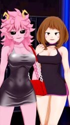 2girls black_sclera boku_no_hero_academia brown_eyes brown_hair horns koikatsu little_black_dress mina_ashido my_hero_academia ochako_uraraka perfect_idiot pink_hair pink_skin smiling_at_viewer yellow_eyes