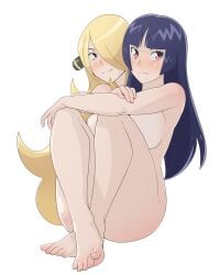 ass blonde_hair blue_hair blush conjoined cynthia_(pokemon) feet idolmonkeh nude pokemon sabrina_(pokemon)