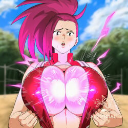 1girl ai_generated artificialfox bimbo bimbofication blue_sky blurry blush breast_expansion breasts cloud day large_breasts momo_yaoyorozu motion_blur my_hero_academia paizuri ponytail sky sweat