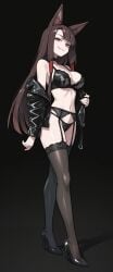 1girl ai_generated akagi_(azur_lane) animal_ear_fluff animal_ears azur_lane bangs bare_shoulders black_background black_bra black_footwear black_jacket black_panties black_thighhighs bra breasts brokewyt brown_hair cheating choker cleavage cuckold fox_ears full_body garter_belt garter_straps grin high_heels jacket lace lace-trimmed_bra lace-trimmed_legwear lace-trimmed_panties lace_trim large_breasts leather leather_jacket long_hair looking_at_viewer navel off_shoulder open_clothes open_jacket panties parted_lips red_eyes simple_background smile solo standing stomach thighhighs uncensored underwear