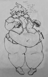 1girls artist_request bbw belly belly_bulge burger danganronpa distended_belly eating gurgle gurgling gurgling_noise overweight overweight_female owari_akane pen_(artwork) super_danganronpa_2 unbuttoned_shirt weight_gain