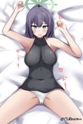 1girl 1girls arm_above_head arm_up armpit armpit_crease armpit_peek armpits ashamed asian asian_female asian_girl background big_boobs big_breasts black-haired_female black_hair blue-eyed_female blue_archive blue_eyes blush_face blushing blushing_at_viewer blushing_female breasts busty busty_female busty_girl cul82877514 dark_hair embarrassed embarrassed_expression embarrassed_female eyebrows_visible_through_hair flushed flushed_face flustered flustered_female green_halo hairless_armpits halo hand_above_head hand_up japanese japanese_female japanese_girl large_boobs large_breasts legs_apart legs_spread looking_up looking_up_at_viewer lying lying_down lying_on_back lying_on_bed monotone_background on_back on_bed open_mouth parted_lips partially_exposed_vulva partially_visible_vulva plain_background saki_(blue_archive) shaved_armpits spread_legs spreading_legs spreading_thighs tongue white_background