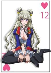 1girls black_legwear blonde_hair blue_eyes blush boots breasts cleavage code_geass code_geass:_boukoku_no_akito double_bun hair_cones high_heels kaname_aomame large_breasts leila_(code_geass) leila_malcal long_hair looking_at_viewer military_uniform navel necktie panties sitting solo thigh_boots underwear white_panties yokozuwari