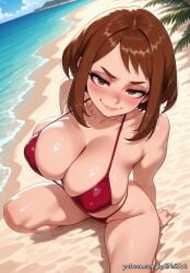 1girl 2026 ai_generated anime bare_shoulders beach bikini blush boku_no_hero_academia boobs breasts brown_eyes brown_hair cleavage collarbone covered_nipples crossover day eye_contact female female_focus flushed highres huge_breasts large_breasts looking_at_viewer my_hero_academia nsfw ocean ochako_uraraka outdoors palm_tree patreon patreon_username red_bikini rognezart sand short_hair sidelocks sitting skindentation sky smile smiling solo swimsuit thick_thighs thighs uraraka_ochako web_address