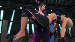 3d arm_carry barefoot bridal_carry cammy_white cammy_white_(street_fighter_6) carried carrying closed_eyes daz3d daz_studio defeated juri_han princess_carry ryona sleeping somnophilia starry_solace street_fighter unconscious