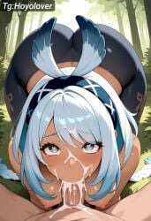 1boy 1girls ahegao_face ai_generated big_ass big_breasts big_penis blowjob blowjob_face blowjob_only cum_in_mouth cum_on_face cute_face deepthroat eye_contact female forest_background genshin_impact leggings mualani_(genshin_impact) sportswear
