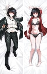 1girls bare_legs barefoot black_bra black_hair black_panties blush blushing blushing_at_viewer cigarette cigarette_in_mouth cigarette_smoke dakimakura dakimakura_design high_resolution highres layer_(artist) layer_(layer_illust) limbus_company looking_at_viewer on_back on_bed project_moon red_eyes ryoshu_(limbus_company) smile smiling_at_viewer