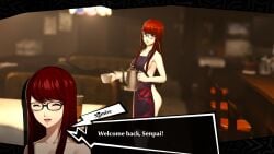 apron_only blushing cafe chair character_portrait coffee coffee_cup glasses looking_at_viewer mouth_open naked_under_clothes naked_underneath nude_underneath nuttinxpo persona persona_5 pitcher red_eyes red_hair smiling smiling_at_viewer sumire_yoshizawa table talking_to_partner text text_box