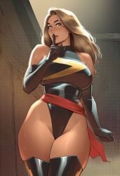 1girl ai_generated artist_name bare_shoulders black_gloves black_leotard black_thighhighs blonde_hair blue_eyes boots breasts brown_hair carol_danvers clothing covered_nipples cowboy_shot curvy dark_skin elbow_gloves female finger_to_mouth gloves groin highleg highleg_leotard impossible_leotard index_finger_raised large_breasts latex_gloves legs_together legwear leotard lips long_hair looking_at_viewer marvel marvel_comics nose parted_lips phophopho red_sash sash shushing smile solo standing superhero sweat taut_leotard thick_lips thick_thighs thighhighs thighs turtleneck turtleneck_leotard