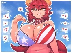 1girls american_flag_bikini bikini cleavage edalv female female_only flag_bikini flag_print horns large_breasts long_hair red_hair solo swimwear virtual_youtuber vtuber yellow_eyes zentreya zentreya_(dragon)