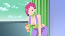 1girls bra clothed eyes_half_open faceless_male hand_on_thigh handjob holding_penis juiceshooters masturbating open_clothes partially_clothed penis pink_hair short_hair tecna_(winx_club) uncensored winx_club