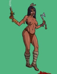 1girls axe black_hair breasts dark-skinned_female dark_skin female female_only gun history loincloth native_american native_american_female nipples original solo tagme_(artist)