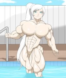 abs bikini bikini_top extreme_muscles female female_only hyper_muscles muscles muscular muscular_female muscular_thighs pecs pool rwby weiss_schnee