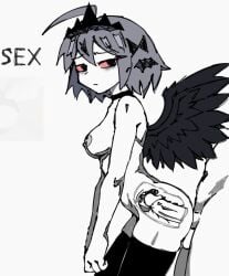 1girls1boy alice_(fundamental_paper_education) angel_wings black_collar black_stockings black_wings collar cum cum_in_pussy cum_inside dark_circles dick eye_contact female fpe fundamental_paper_education grey_hair_female oc oliver_(fundamental_paper_education) penis_in_pussy red_eyes_female sad_female sex standing_doggy_style tiara tried white_skinned_female white_skinned_male xray xray_view