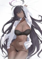 1girl absurdres ahoge arm_up black_bra black_hair black_panties blue_archive bra breasts dark-skinned_female dark_skin groin halo highres karin_(blue_archive) large_breasts long_hair looking_at_viewer navel one_eye_closed open_clothes open_shirt panties purple_halo pussy shirt solo strapless strapless_bra toge0toge0 underwear white_shirt