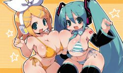 2girls abstract_background aqua_eyes aqua_hair big_breasts bikini blonde_hair blue_eyes bow breasts breasts_out breasts_squeezed_together detached_sleeves gigantic_breasts hair_bow hairclip hatsune_miku headphones huge_breasts kagamine_rin matching_hair/eyes multiple_girls necktie ribbon shortstack star striped_background striped_bikini symmetrical_docking thick_thighs thighhighs thighs twintails vocaloid wide_hips yellow_bikini yuri