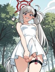 1futa ai_generated bare_legs blue_archive blush discreet_vibrator erection erection_under_clothes futanari jouthechou low-angle_view mutsuki_(blue_archive) no_panties pointy_ears small_breasts teeth testicles vibrator_cord white_dress