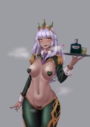 1girls :d absurdres alcohol bangs bottle breasts breath celdalin cowboy_shot dark-skinned_female dark_skin eyebrows_visible_through_hair female glass green_heart_pasties green_legwear green_pasties grey_background hair_ornament hand_up heart_pasties highres holding holding_tray large_breasts league_of_legends lips long_hair long_sleeves looking_at_viewer meme_attire navel necktie pasties purple_necktie pussy_juice qiyana_yunalai reverse_bunnysuit reverse_outfit shiny shiny_hair shiny_skin short_necktie simple_background smile solo teeth tray