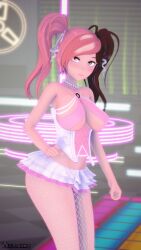 1girls 2022 3d alternate_costume alternate_hairstyle arrancon big_breasts blush busty female koikatsu large_breasts lipstick looking_at_viewer multicolored_hair neo_(rwby) pigtails pink_lipstick rave_outfit rwby smile solo twintails underboob