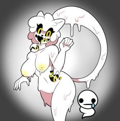 belly_button breasts cat_ears cat_nose cat_tail delirium_(the_binding_of_isaac) dripping female imminent_sex melting monster monster_girl multiple_eyes neck_bell nipples short_hair slime slime_girl slime_monster tail the_binding_of_isaac the_lost_(the_binding_of_isaac) thick_thighs thighs tummy white_body white_skin white_slime yellow_eyes