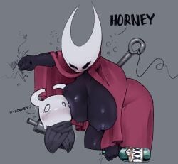 alcohol anthro big_breasts black_body blush bug clothing drunk english_text female head_on_breasts hollow_knight hornet_(hollow_knight) horney horny huge_breasts larger_female male male/female outerwear protagonist_(hollow_knight) size_difference smaller_male unyin weapon