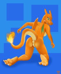 2018 anthro anthrofied anus charizard claws female flame_tail furry green_eyes kneeling leofrik nintendo orange_scales pokemon pokemon_(species) pokemon_rgby pussy scalie solo tail wings