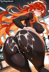 1girls ai_generated big_ass big_breasts cum_on_body genshin_impact gym gym_uniform hips huge_hips huge_thighs leggings mavuika_(genshin_impact) sportswear thighs