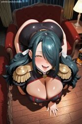1girl ai_generated azuma_fubuki black_hair blush breasts chair cleavage cleavage_cutout desk epaulettes from_above hair_over_one_eye hi_res high_quality high_resolution indoors large_breasts long_hair long_sleeves looking_at_viewer mato_seihei_no_slave open_mouth patreon savvyraexo seductive sexy smile solo thighhighs uncensored watermark wooden_floor yellow_eyes