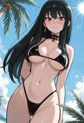 1girl ai_generated arm_behind_back bangs bare_shoulders bikini black_bikini black_choker black_hair blue_sky blush breasts brokewyt cheating choker closed_mouth cloud collarbone cuckold day earrings gold_earrings hair_down hairband highleg highleg_bikini jewelry large_breasts long_hair looking_at_viewer navel outdoors palm_tree red_eyes sidelocks sky solo spy_x_family stomach straight_hair sun swimsuit tree uncensored underboob wet yor_briar yor_forger