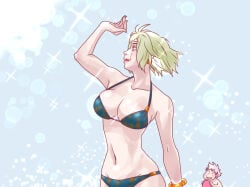 1boy 1girls beautiful_girl benrinnes_maiko big_breasts bikini black_bikini blonde_hair cleavage facial_scar female female_focus gintama gintoki_sakata hair_down hourglass_figure male scar scar_across_eye short_hair smile solo_focus tsukuyo wide_hips