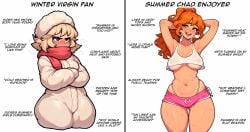 2d ai_assisted ai_generated armpits arms_up belly belly_button big_ass big_breasts blonde_hair blush chad contrast crop_top enjoying freezing ginger ginger_female ginger_hair green_eyes grey_eyes grumpy happy hourglass_figure hourglass_figured_female long_hair meme original original_character original_characters ponytail scarf seductive_look seductive_pose seductive_smile see-through see-through_clothes see-through_clothing short_hair shorts simple_background slim_waist smile smiling smiling_at_viewer summer sweat sweatdrop sweating tan_body tan_skin tank_top text thick thick_ass thick_thighs thong_straps ultimate_waifu_project virgin wavy_hair winter
