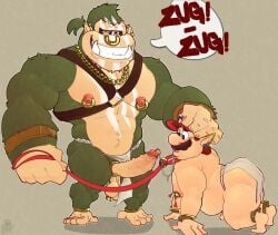 all_fours anthro ape balls beefkek big_penis blizzard_entertainment bottomwear chest_harness clothing collar countershade_face countershade_torso countershading donkey_kong donkey_kong_(character) donkey_kong_(series) duo ear_piercing elf facial_hair facial_piercing forced genitals gold_(metal) gorilla haplorhine harness human leash loincloth male male/male mammal mario mario_bros moobs muscular muscular_male mustache navel nintendo nipple_piercing nipples nose_piercing nose_ring nubbed_penis orc overweight pecs penis piercing primate ribbed_penis ring_piercing septum_piercing septum_ring simple_background size_difference slightly_chubby smile tan_background teeth warcraft